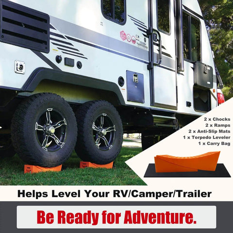 2 Pack RV Leveling Ramps Kit with Anti Slip Camper Levelers and Dual Axle Trailer Wheel Chocks on camper