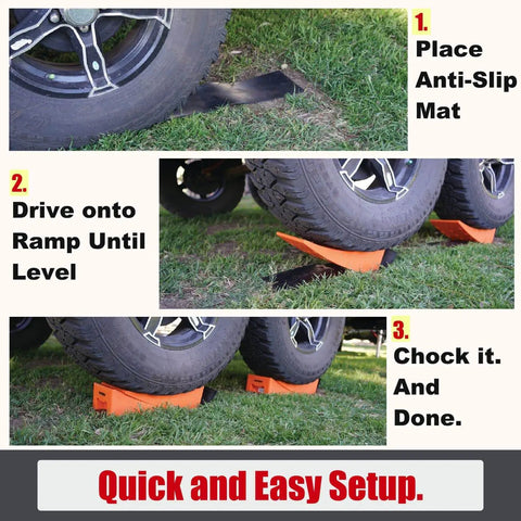 2 Pack RV Leveling Ramps Kit With Anti Slip Camper Levelers shown in use on uneven grass terrain with dual axle wheels.