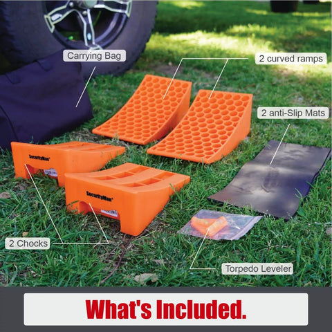 2 Pack RV Leveling Ramps Kit With Anti Slip Camper Levelers For Soft And Uneven Terrain By SecurityMan, showing components