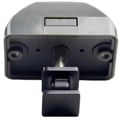 Bottom view of black push-button RV cabinet lock with zinc-alloy latch and mounting studs