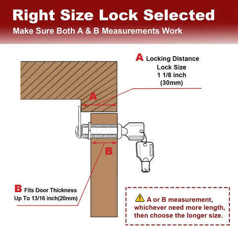 Diagram of 1 1/8 inch RV lock installation for door thickness up to 13/16 inch, showing right size selection for secure fit.