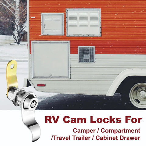 Keep your RV storage secure on the road with this five pack of 1 1/8 inch locks, keyed alike, shown on an RV compartment.