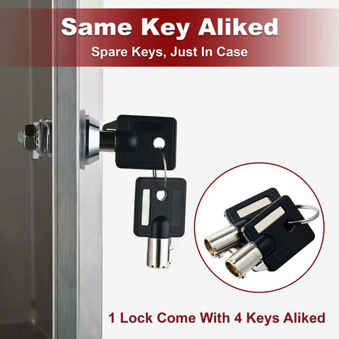 Keep your RV storage secure on the road with this five pack of 1 1/8 inch locks, keyed alike for convenience, includes six keys and easy manual, perfect for camper compartments, cabinets and drawers with reliable security showing a lock with two black keys inserted.