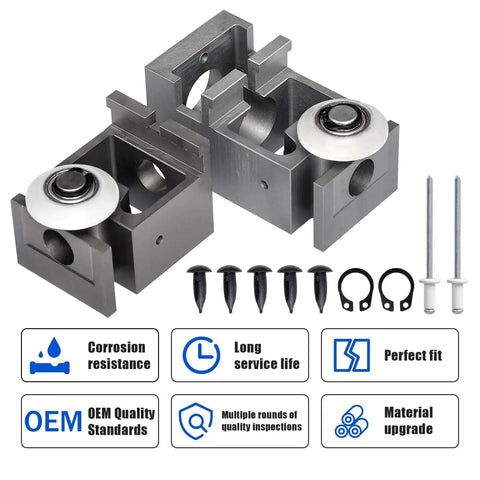 RV Schwintek Bearing Block Kit For In Wall Slide Outs With Upper And Lower Aluminum Blocks And V Roller Rivets displayed with parts