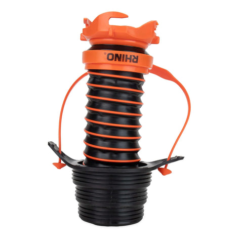 3 In 1 RV Sewer Hose Adapter And Drain Seal With RhinoExtreme Hose And Handle, black flexible fitting, universal size, front view