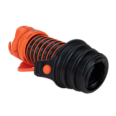 3 In 1 RV Sewer Hose Adapter And Drain Seal With RhinoExtreme Hose And Handle, flexible fit for 3, 3.5, or 4 inch inlets shown