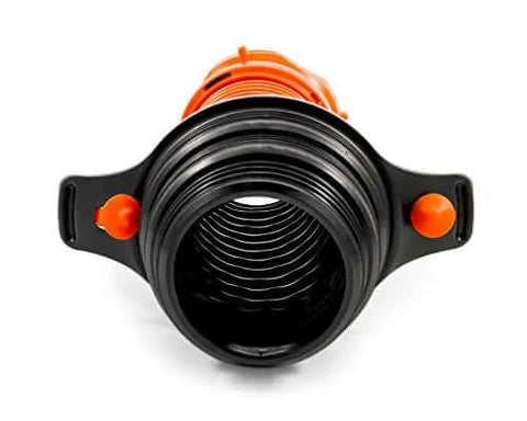 Front view of 3 In 1 RV Sewer Hose Adapter And Drain Seal With RhinoExtreme Hose And Handle, universal fit for 3 to 4-inch inlets.