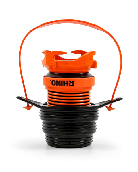 3 In 1 RV Sewer Hose Adapter And Drain Seal With RhinoExtreme Hose And Handle in black and orange, suitable for 3, 3.5, or 4 inch inlets.