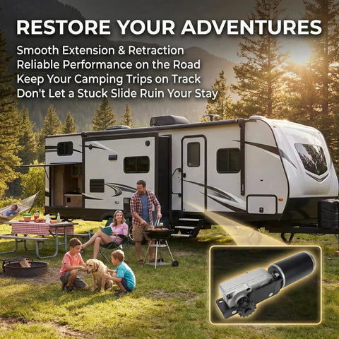 Family camping by RV showing RV Slide Out Motor Gearbox Assembly For BAL AccuSlide Cable System High Torque 12V 12 RPM Replacement.