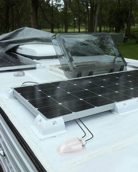 White Solar Double Cable Entry Gland Box for RV Roofs and Boats Waterproof ABS Cable Pass Through Housing with PG11 Connector installed on RV roof.
