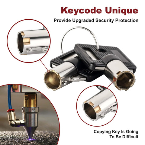 Close-up of RV storage locks, showing keycode unique design, part of a five pack, to keep your RV storage secure on the road.