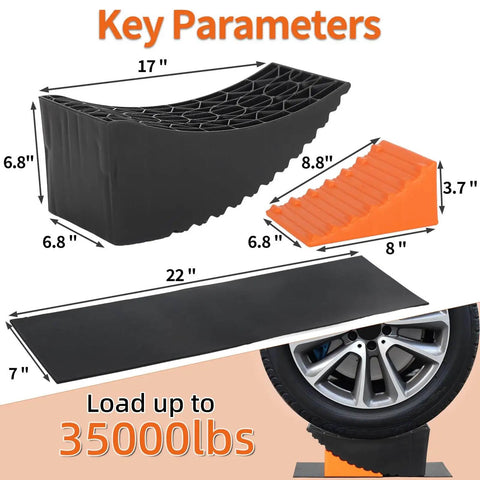 Raised Tire Change Ramp And Curved Leveling Blocks For RV And Trailer With Wheel Chock And Rubber Pad, 6 Inch Lift, Heavy Duty 35,000 Lb Capacity