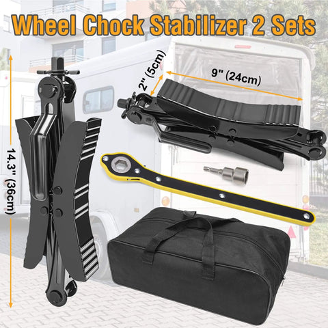 Camper Wheel Chock Stabilizers, 2 Sets For RV And Travel Trailer, Heavy Duty X Shaped Anti Move Tire Chocks, tools, storage bag