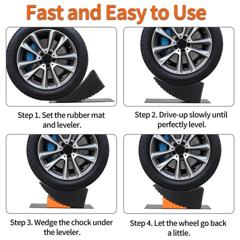 Steps showing Curved Leveling Blocks For RV And Travel Trailer With A 6 Inch Lift For Easy Tire Change On Tandem Axle Wheels Without A Jack