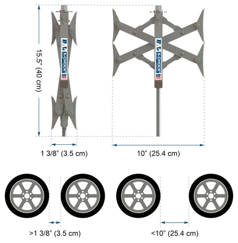 Diagram of American Made Built Tough Heavy Duty Wheel Stabilizer Pair With One Handle For RV And Trailer Stabilization Reduces Tire Sway Between Tandem Tires With Zinc Coated Steel, showing dimensions for installation between tandem tires.