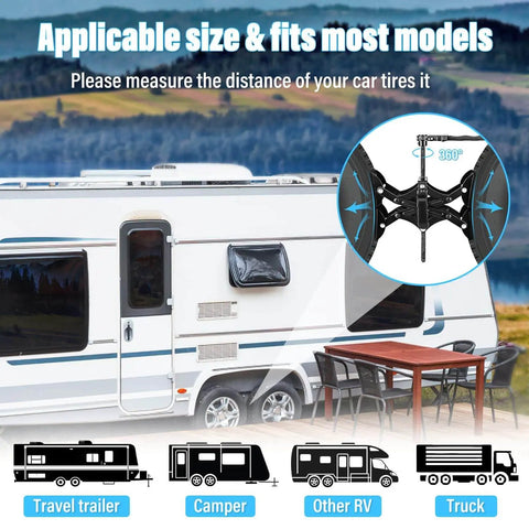 X Chocks Wheel Stabilizer 2 Pack For RVs And Travel Trailers Fits 3 To 10 Inch Wheel Gaps showing application on RV