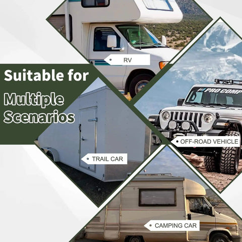 Image showing RV, trail car, off-road vehicle, and camping car, demonstrating RV Level Bubble 2 Pack For RV And Trailer Leveling across scenarios.