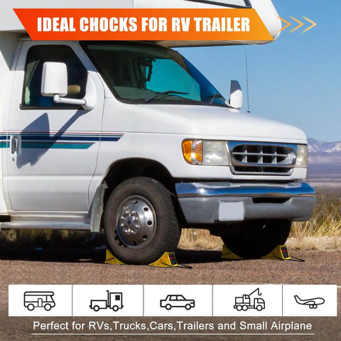 RV parked with 4 Pack Non Slip Wheel Chocks For RVs And Travel Trailers With Rope For Easy Removal Lightweight Plastic Wheel Stoppers on uneven surface