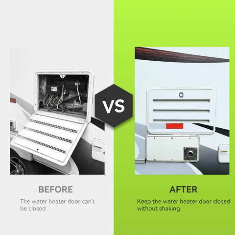 Before and after: Replace a broken water heater door latch quickly with a lightweight, durable stainless steel cam lock fastener