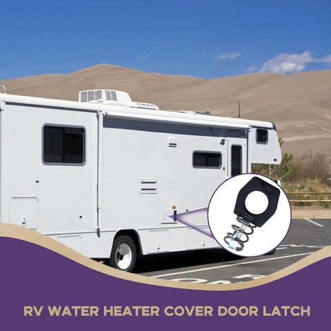 RV with inset of metal cam lock set for water heater door latch, promoting 'Keep your RV water heater secure with a six piece metal cam lock set'