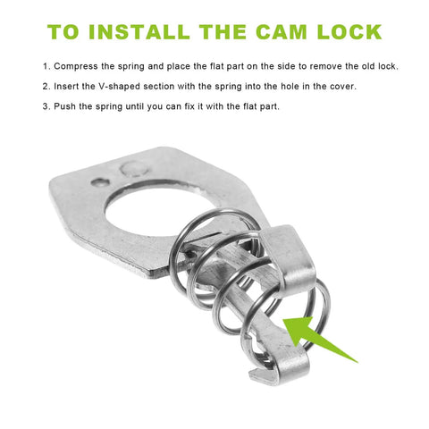 Secure, vibration-resistant cam lock installation guide with stainless steel universal latch for RV water heater doors.