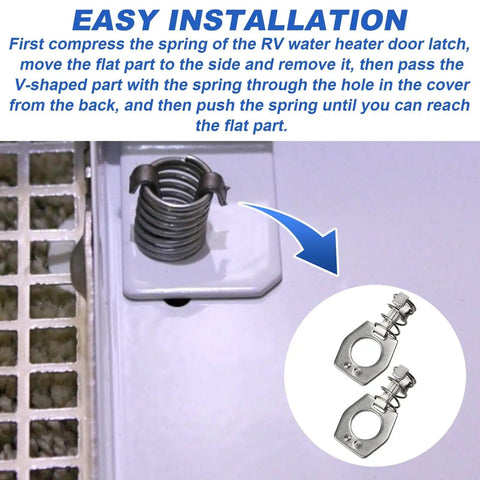 Metal RV Water Heater Door Cam Lock For Camper Doors Durable Door Latch Assembly For Water Heater Or Gas Bottle Cover Includes Two Pieces Compatible With RV Designer E371 And Camco 09214 displayed installed on door.