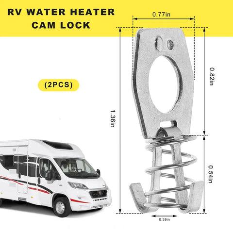 RV Water Heater Cam Lock 2 Pack Stainless Steel Twist Latch Fastener With Hook dimensions and RV illustration.
