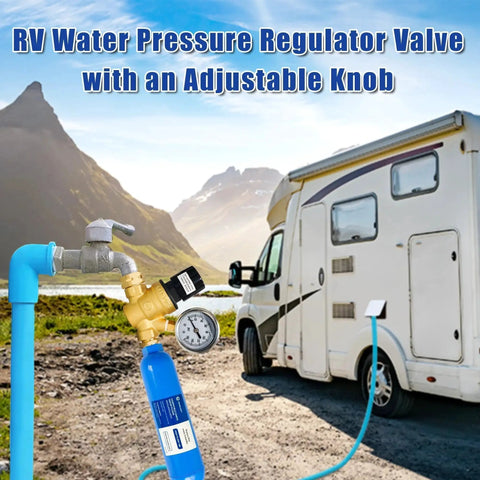 Adjustable Handwheel RV Water Pressure Regulator With Gauge and Inlet Screened Filter for Camper and Travel Trailer by Hourleey near RV