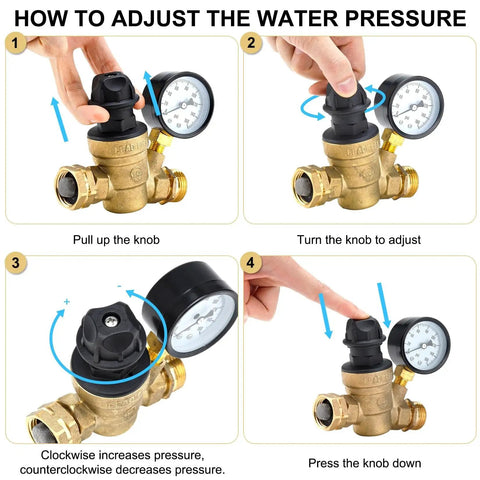 Instructions for adjusting No Tool Required RV Water Pressure Regulator With Gauge For Campers, showing adjustable knob and gauge.