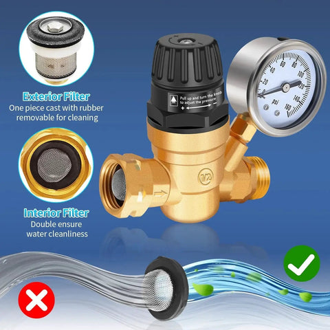 Heavy Duty RV Water Pressure Regulator With Built In Gauge And Adjustable Handwheel For Campers And Travel Trailers Lead Free Brass Water Pressure Reducer With Filters
