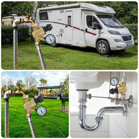 No Tool Required RV Water Pressure Regulator With Gauge For Campers, Brass Lead-Free Water Pressure Reducer installed on RV hose