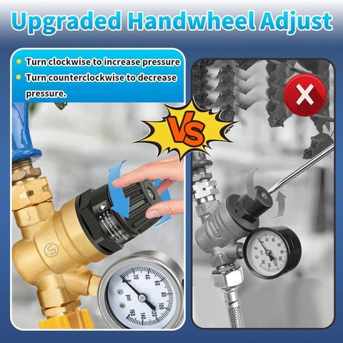 Heavy Duty RV Water Pressure Regulator With Built In Gauge And Adjustable Handwheel For Campers And Travel Trailers Lead Free Brass Water Pressure Reducer That Fits Standard RV Hoses And Is Easy To Adjust Without Tools Boltigen