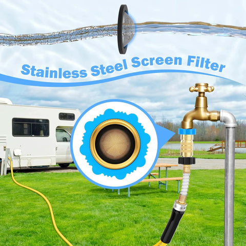 High Flow RV Water Pressure Regulator 50-55 Psi for campers and trailers, brass inline reducer with stainless steel screen filter