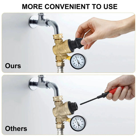 Hand adjusting No Tool Required RV Water Pressure Regulator With Gauge for Campers, showing tool-free ease vs others with tools.