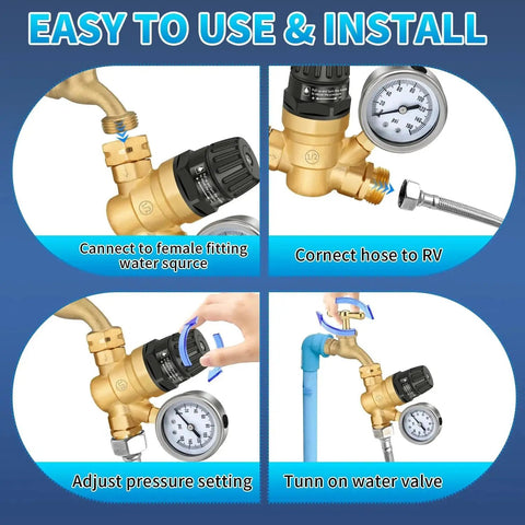 Steps to install Heavy Duty RV Water Pressure Regulator With Built In Gauge And Adjustable Handwheel For Campers And Travel Trailers Lead Free Brass Water Pressure Reducer That Fits Standard RV Hoses And Is Easy To Adjust Without Tools Boltigen