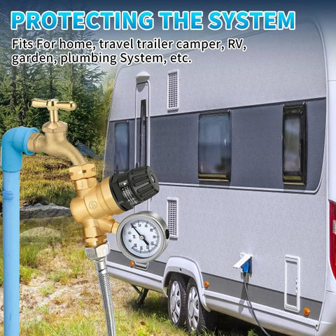 Heavy Duty RV Water Pressure Regulator With Built In Gauge And Adjustable Handwheel For Campers And Travel Trailers Lead Free Brass Water Pressure Reducer installed on RV hose