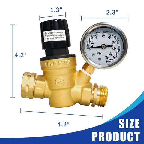 Adjustable Handwheel RV Water Pressure Regulator With Gauge And Inlet Screened Filter For Camper And Travel Trailer By Hourleey