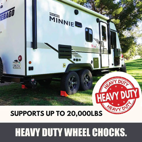 Heavy Duty Wheel Chocks Two Pack That Prevents Movement On Slopes For Boat Trailers RVs Trucks And Campers All Weather Non Slip Solid Rubber With Orange Color By SecurityMan used on RV