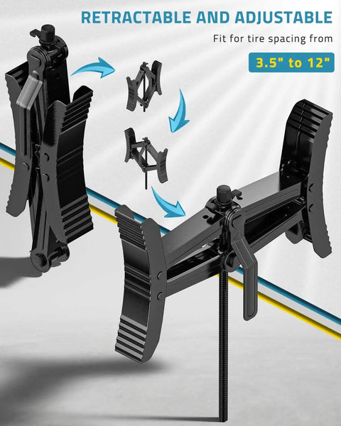 Heavy Duty RV Wheel Chocks Stabilizers With X Shaped Design For Travel Trailers And Campers 2 Pack Fits 3.5 To 12 Inch Wheel Gaps Safety And Stability Paulinn showing retractable and adjustable design.