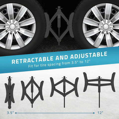 Heavy Duty RV Wheel Chocks Stabilizers With X Shaped Design For Travel Trailers And Campers 2 Pack Fits 3.5 To 12 Inch Wheel Gaps Safety And Stability Paulinn installed between wheels with adjustable fit for 3.5 to 12 inch gaps.