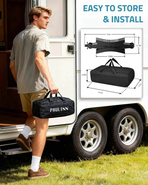 Man holding a bag with Heavy Duty RV Wheel Chocks Stabilizers With X Shaped Design For Travel Trailers And Campers 2 Pack Fits 3.5 To 12 Inch Wheel Gaps Safety And Stability Paulinn