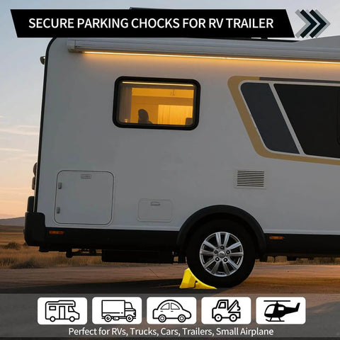 4 Pack Heavy Duty Non Slip Wheel Chocks With Rope For Camper RV Trailer And Trucks Yellow Plastic Wheel Stoppers Block With 16 Anti Slip Pads, Stackable Design For Easy Storage And Maximum Wheel Security securing RV wheel on asphalt