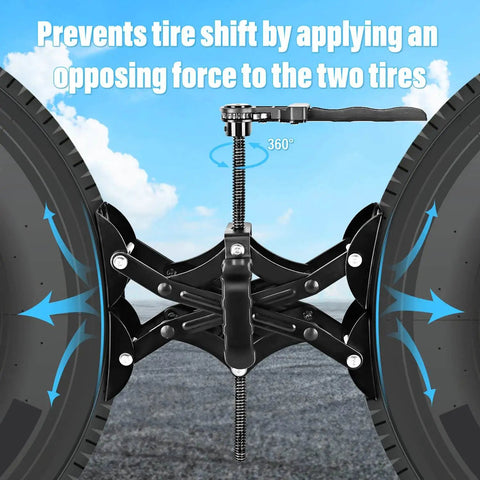 X Chocks Wheel Stabilizer 2 Pack For RVs And Travel Trailers Fits 3 To 10 Inch Wheel Gaps Heavy Duty Scissor Tire Locking Chocks shown installed