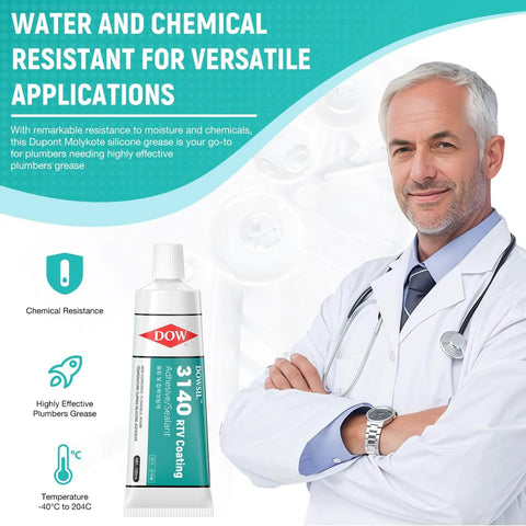 Go To High Temperature Silicone RTV Sealant Adhesive In A 1.8 Oz Tube next to a doctor illustration on a blue background