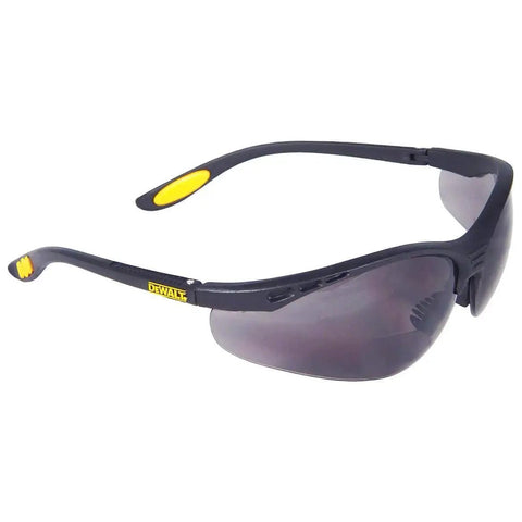 Side view of Rx Bifocal Safety Glasses 2.0 Diopter Smoke Lens Protective Eyeglass Sleeve with black and yellow frame