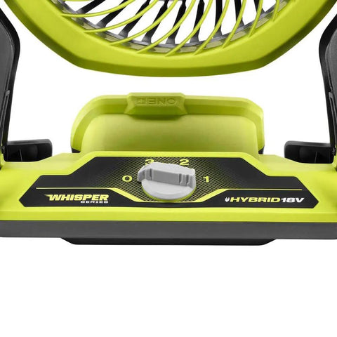 Close-up of control panel on Cordless Hybrid 18V 7.5 Inch Whisper Series Fan Tool Only Green Ryobi PCL811B One Plus Compatible