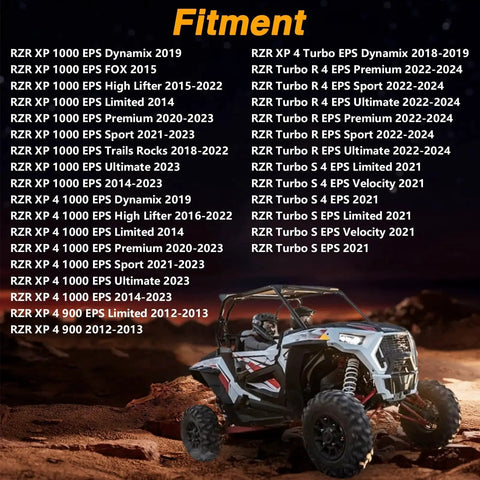 Compatibility list for Polaris RZR models next to an off-road RZR vehicle in a rugged landscape.