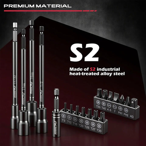 Impact Nut Driver Bit Set, 31-Piece Magnetic Socket Kit For Drill, S2 steel bits with extra long hex nut setter displayed on black background