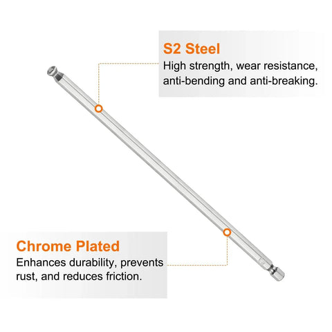 Long Magnetic Ball End Hex Screwdriver Bit Set Two Piece 6mm Hex With One Fourth Inch Shank And 200mm Length Ball Head Magnetic Bits Made From S2 Tool Steel Metric Screwdriver Bits for durability and precision.