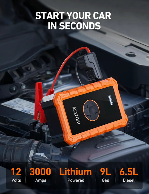 S8 Air Jump Starter With Air Compressor, 3000A Peak Power displayed on car battery with clamps